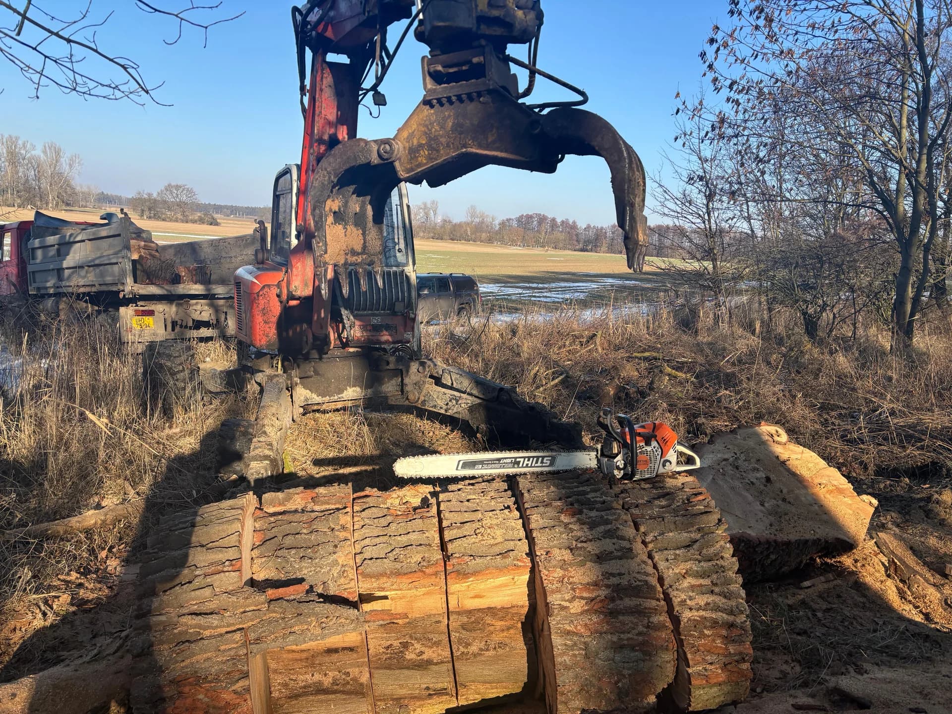 Nakládání dřeva bagrem