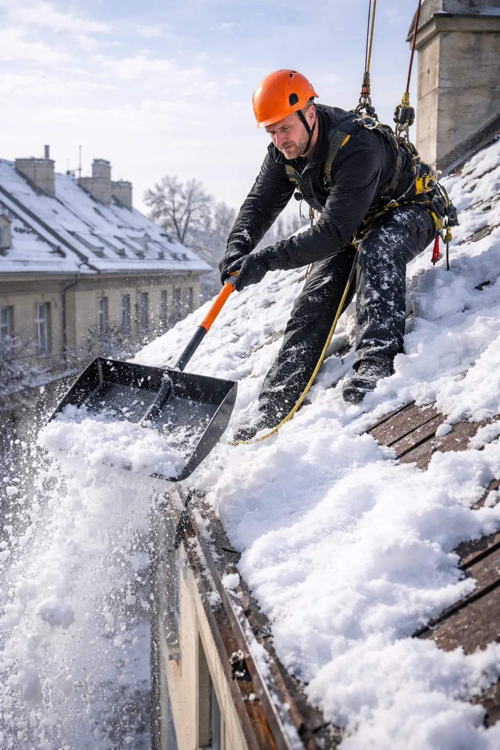 Odstranění sněhu ze střechy pomocí lopaty ve výškách